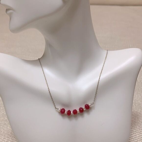 HANDMADE RUBY & Freshwater Pearls necklace sterling silver chain new - Picture 1 of 5